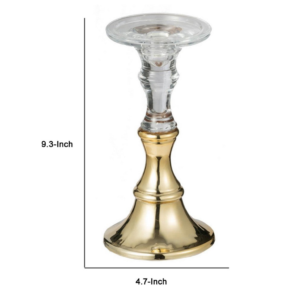 Decorative Candle Holder | 2 Tone Gold & Clear Glass | 9" Tall