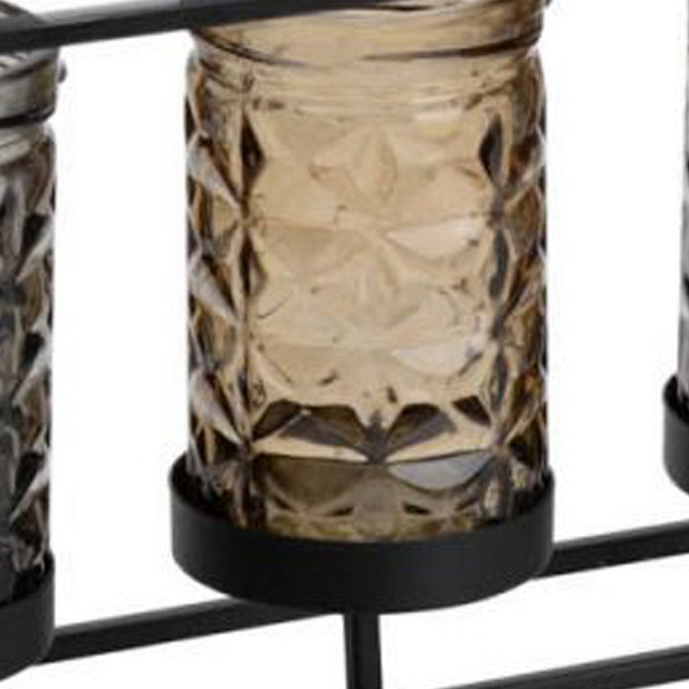 Mev 4 Jar Candle Holder | Brown Gray Glass | 16" Black Iron Frame