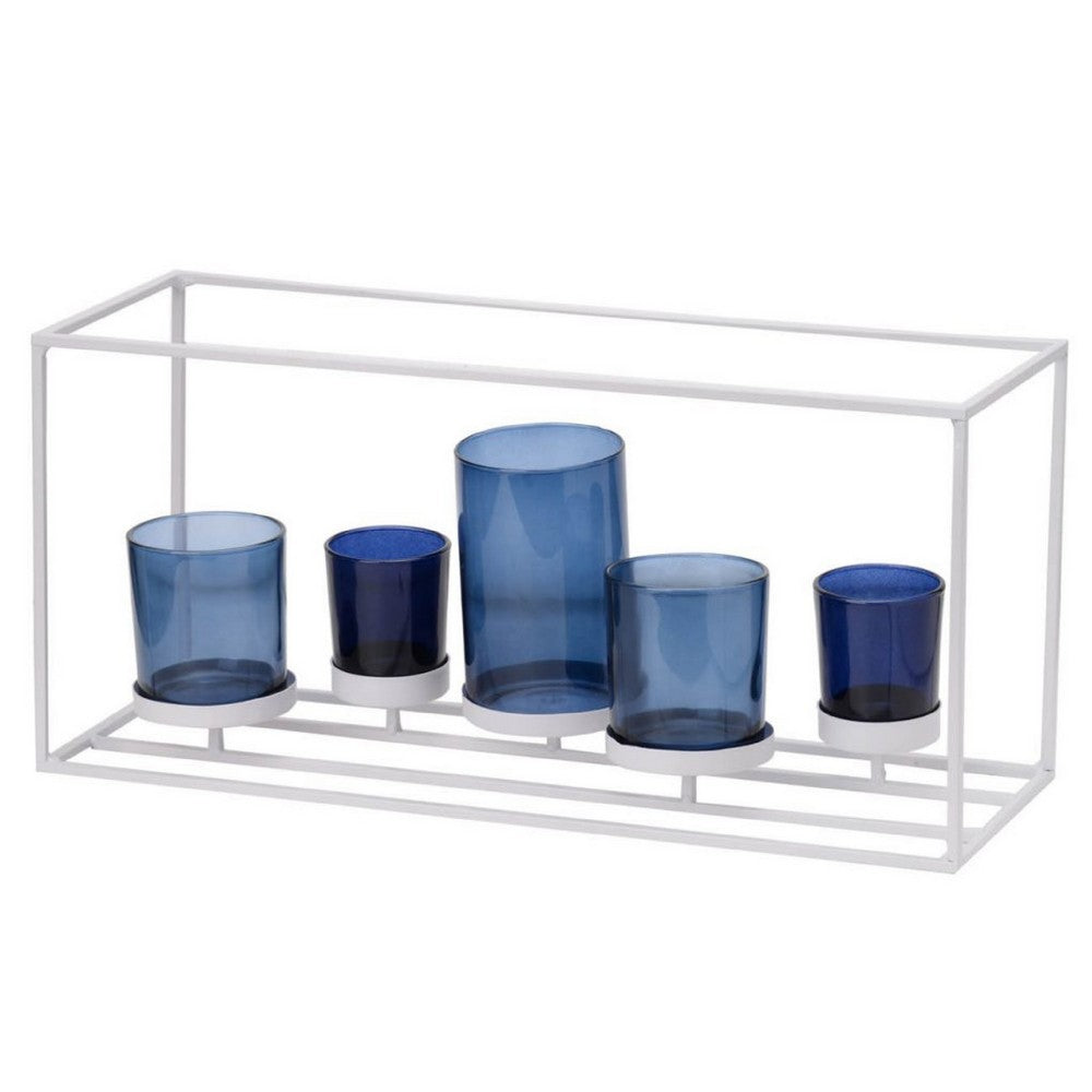 Mev 5 Jar Candle Holder | Blue Glass | 17" Modern White Iron Frame