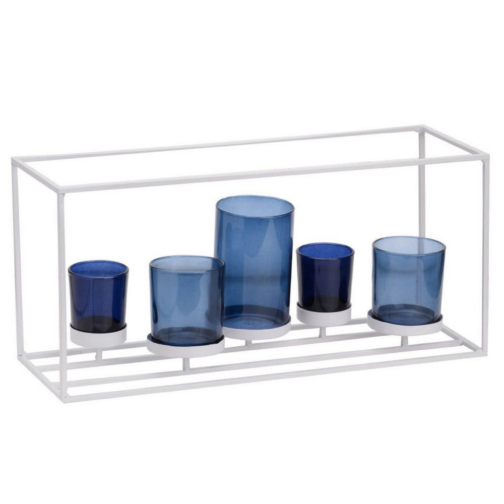 Mev 5 Jar Candle Holder | Blue Glass | 17" Modern White Iron Frame