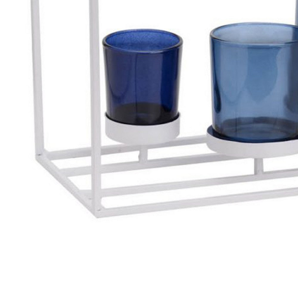 Mev 5 Jar Candle Holder | Blue Glass | 17" Modern White Iron Frame