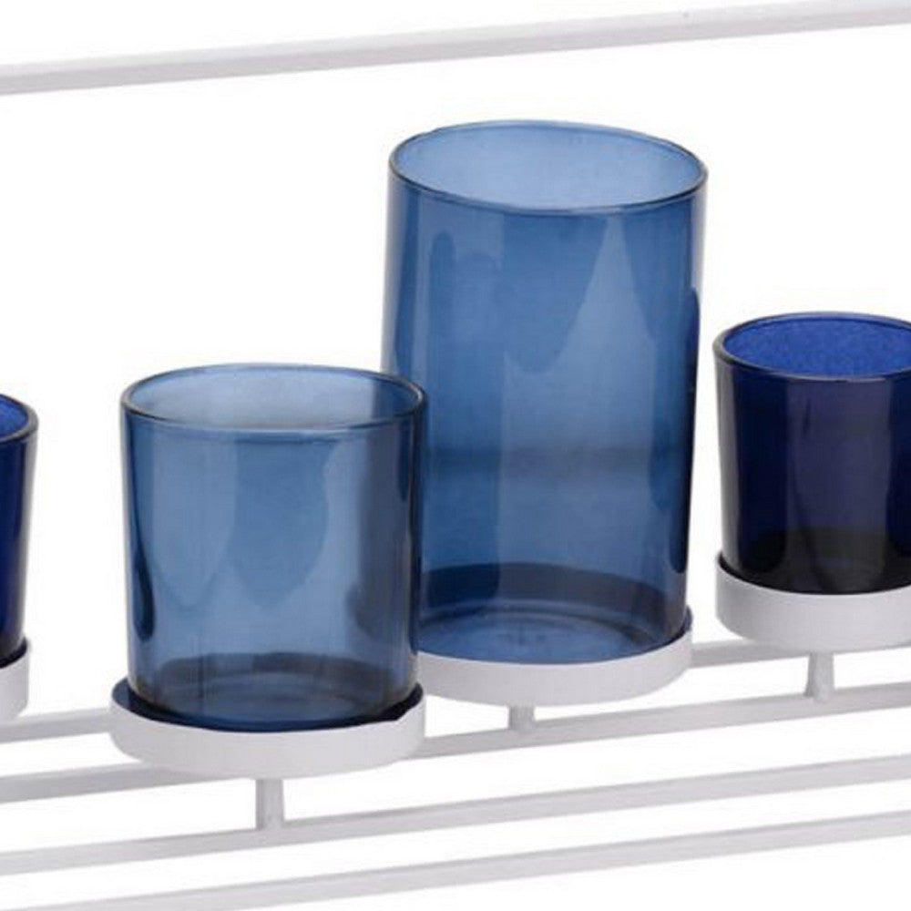 Mev 5 Jar Candle Holder | Blue Glass | 17" Modern White Iron Frame