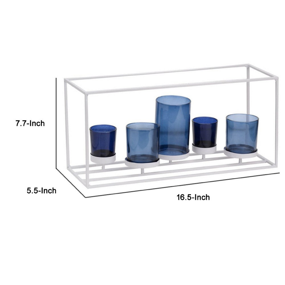 Mev 5 Jar Candle Holder | Blue Glass | 17" Modern White Iron Frame