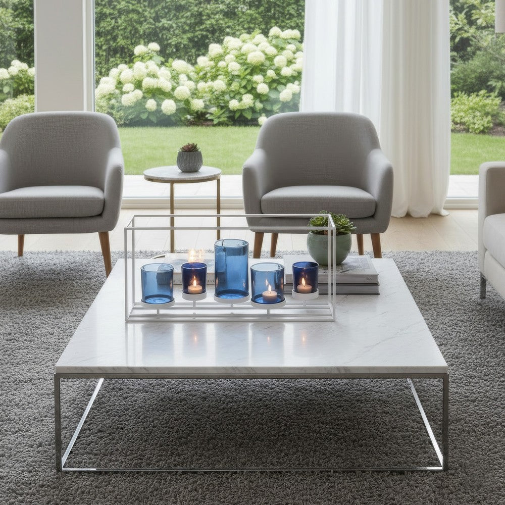 Mev 5 Jar Candle Holder | Blue Glass | 17" Modern White Iron Frame