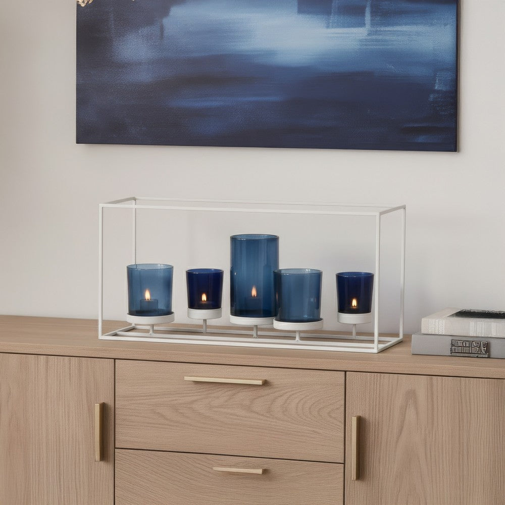 Mev 5 Jar Candle Holder | Blue Glass | 17" Modern White Iron Frame