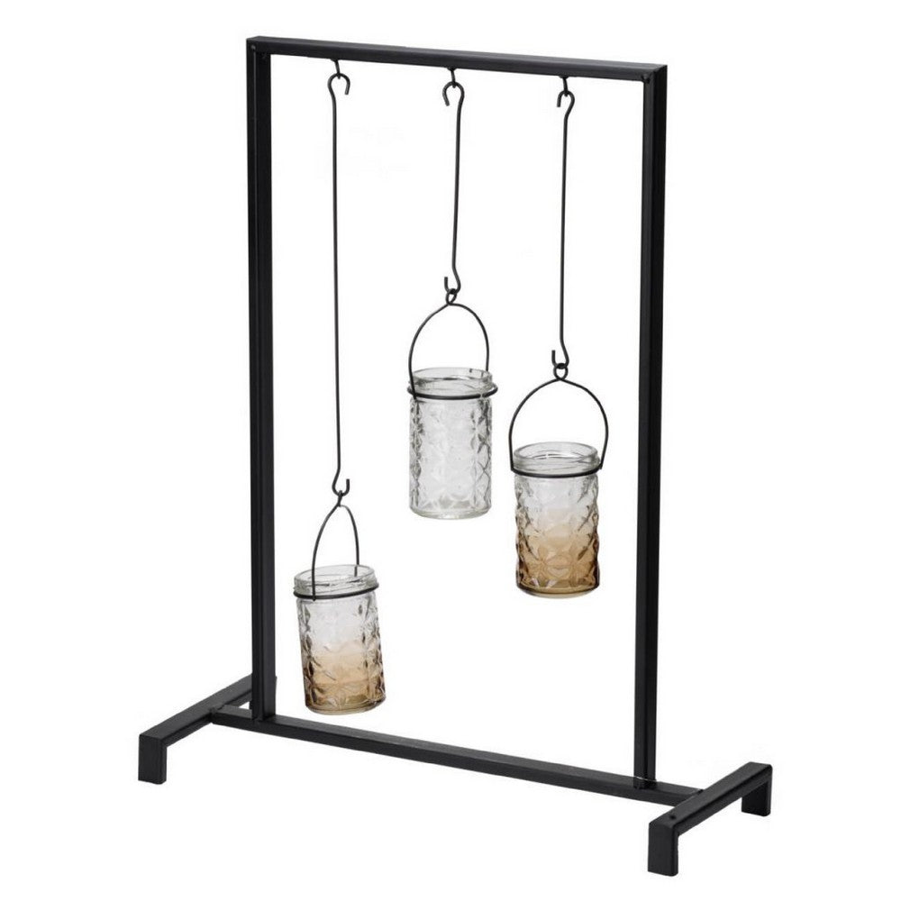 Decorative Candle Holder with 3 Hanging Glass Jars | 21" Matte Black