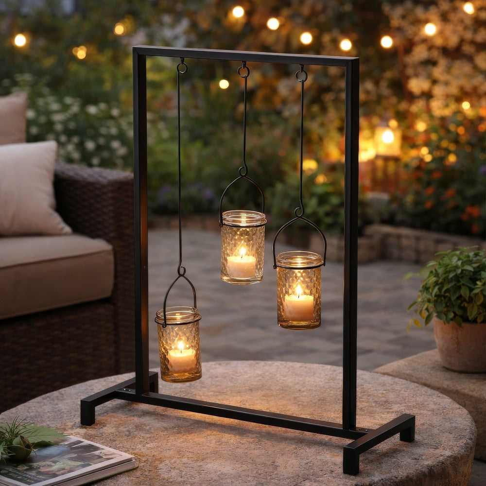 Decorative Candle Holder with 3 Hanging Glass Jars | 21" Matte Black