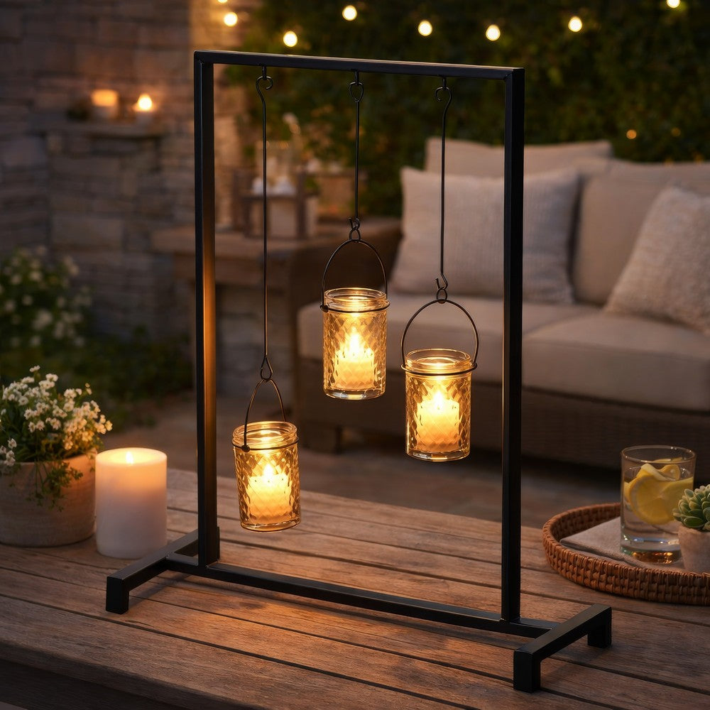 Decorative Candle Holder with 3 Hanging Glass Jars | 21" Matte Black
