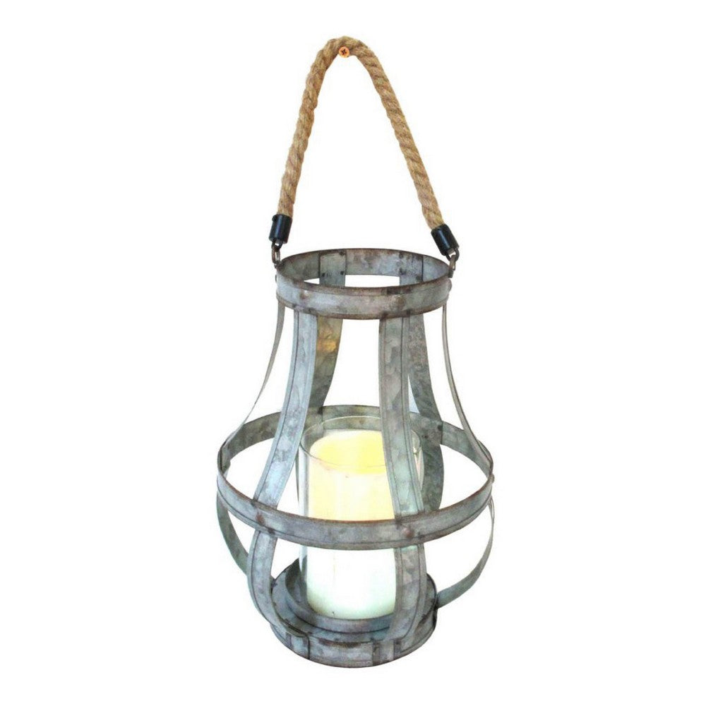 Glass Hurricane Candle Holder Lantern | Rope Handle | 12" Gray