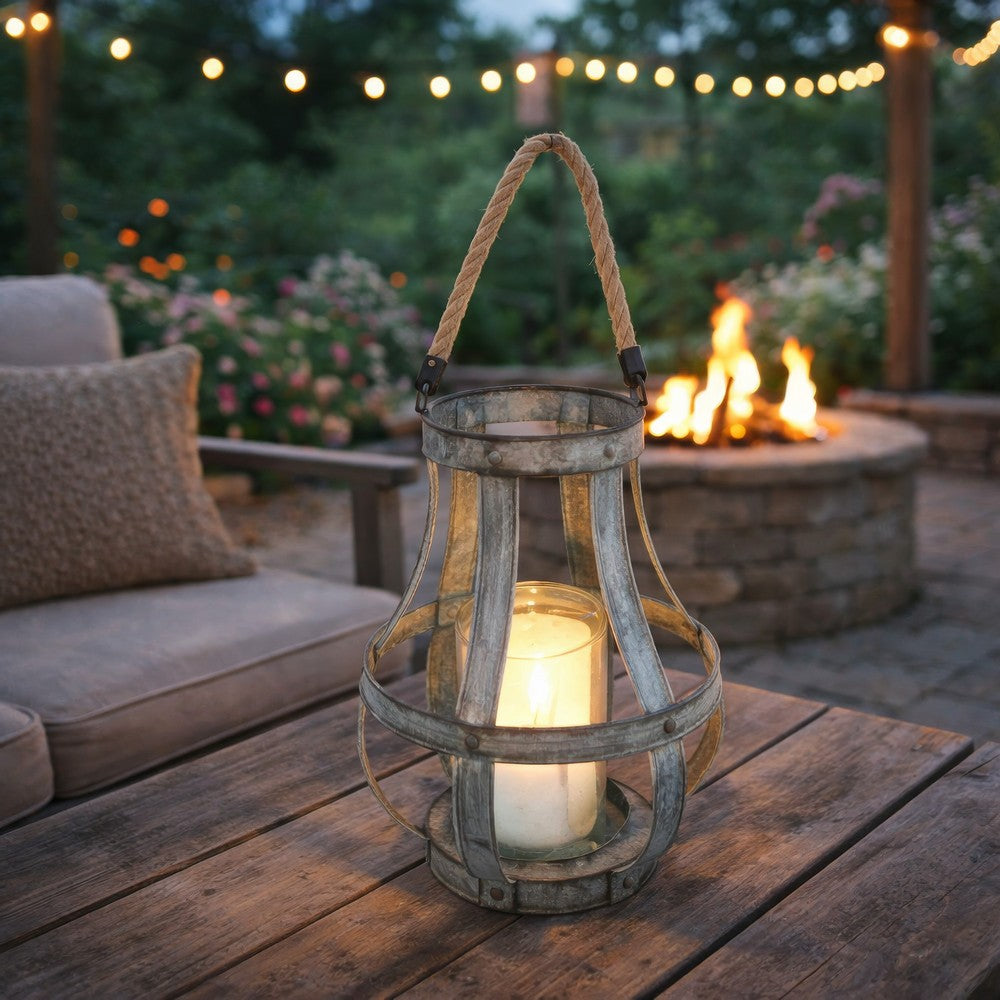 Glass Hurricane Candle Holder Lantern | Rope Handle | 12" Gray