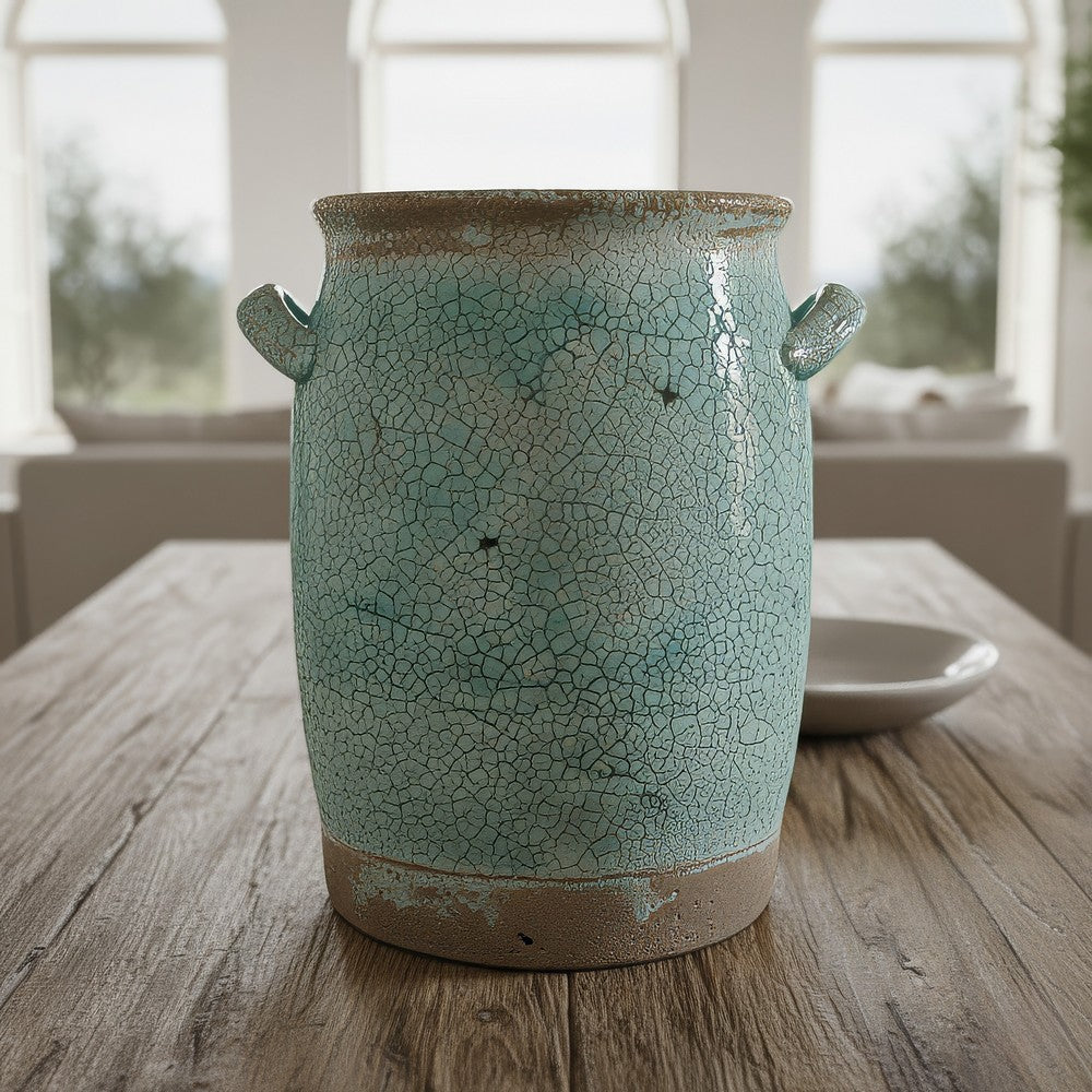 Decorative Vase with Crackle Glaze | 8" Aqua Turquoise Ceramic