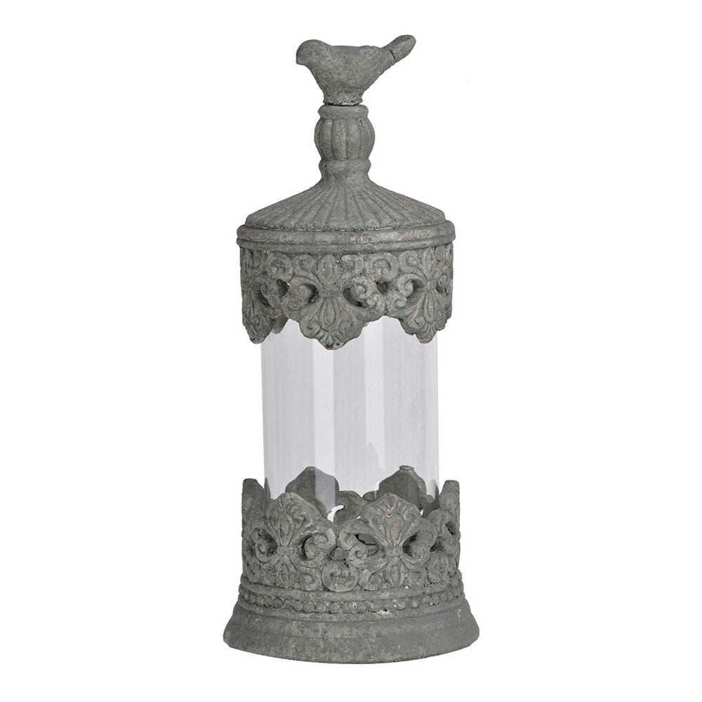 Floating Fleur Glass Jar | 13" Gray Bird Accent | Ornate Cement Lid