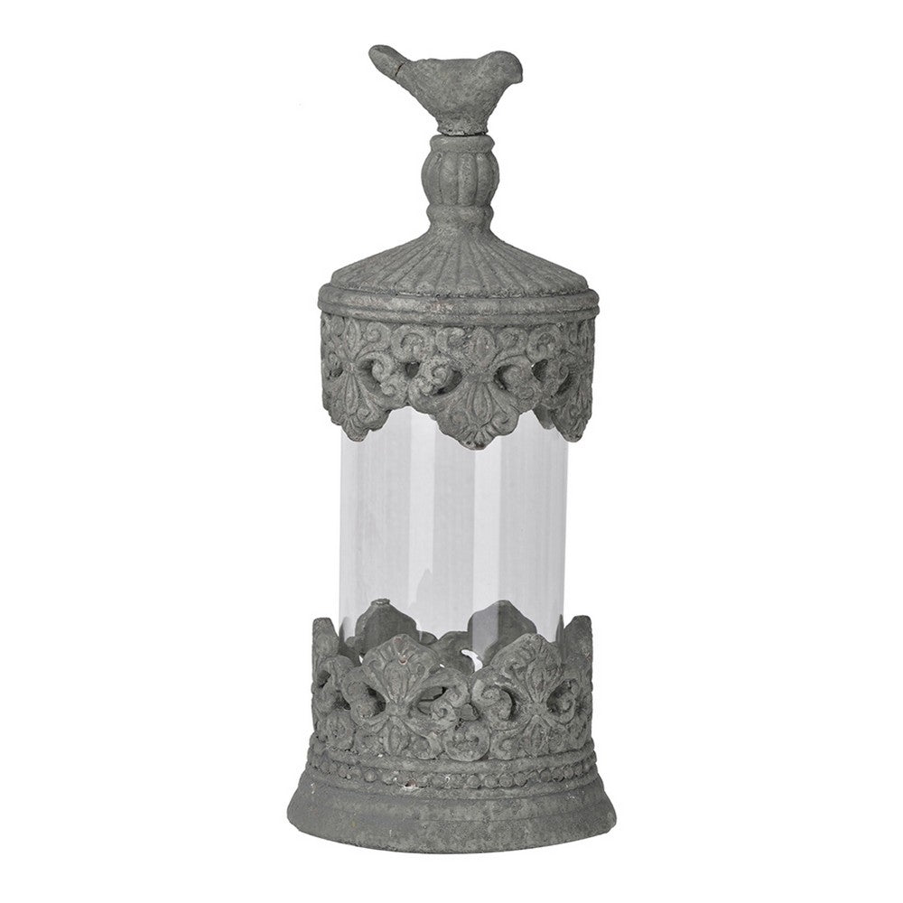 Floating Fleur Glass Jar | 13" Gray Bird Accent | Ornate Cement Lid
