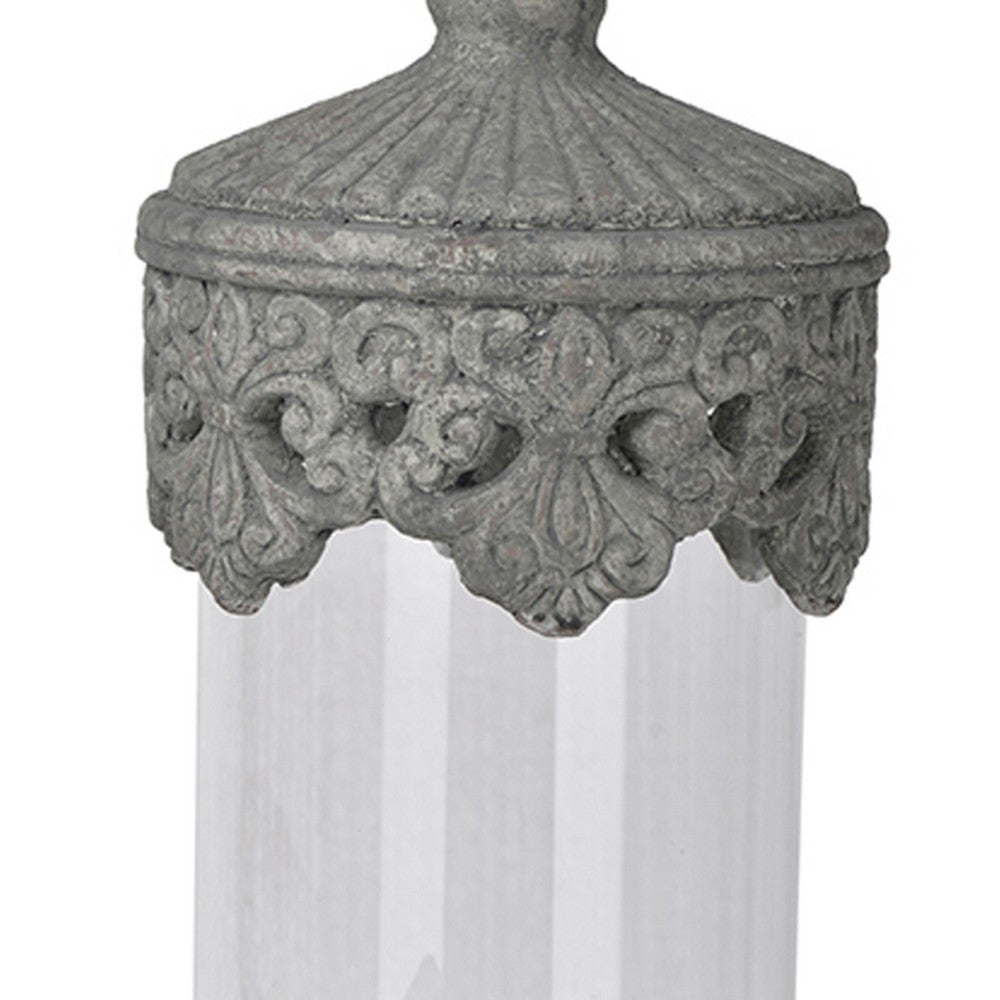 Floating Fleur Glass Jar | 13" Gray Bird Accent | Ornate Cement Lid