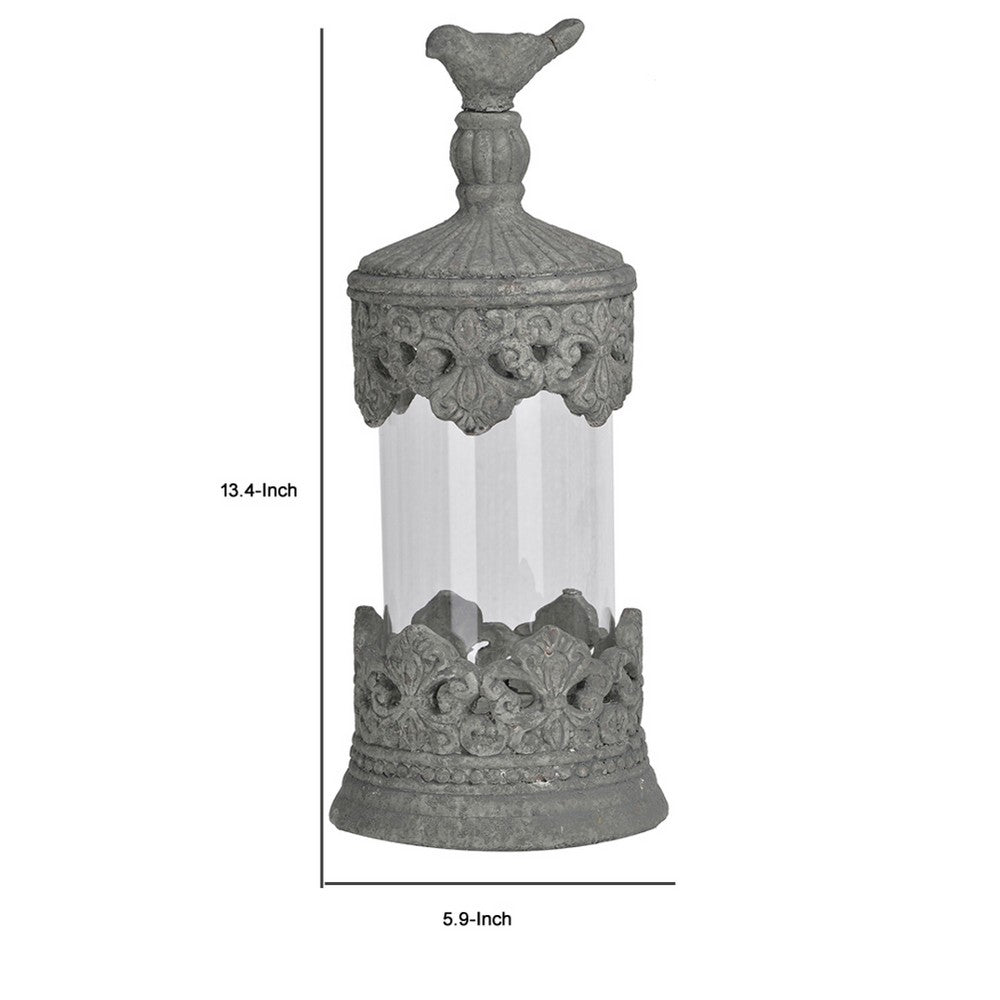 Floating Fleur Glass Jar | 13" Gray Bird Accent | Ornate Cement Lid