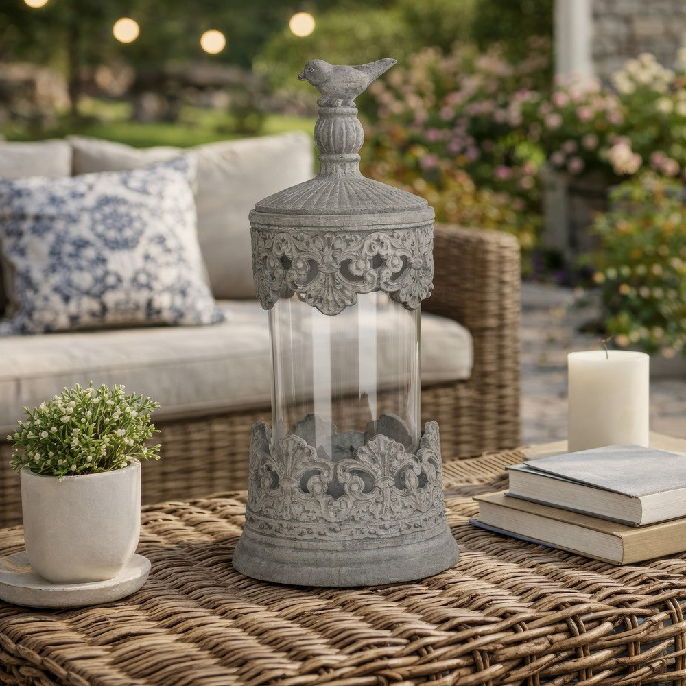 Floating Fleur Glass Jar | 13" Gray Bird Accent | Ornate Cement Lid
