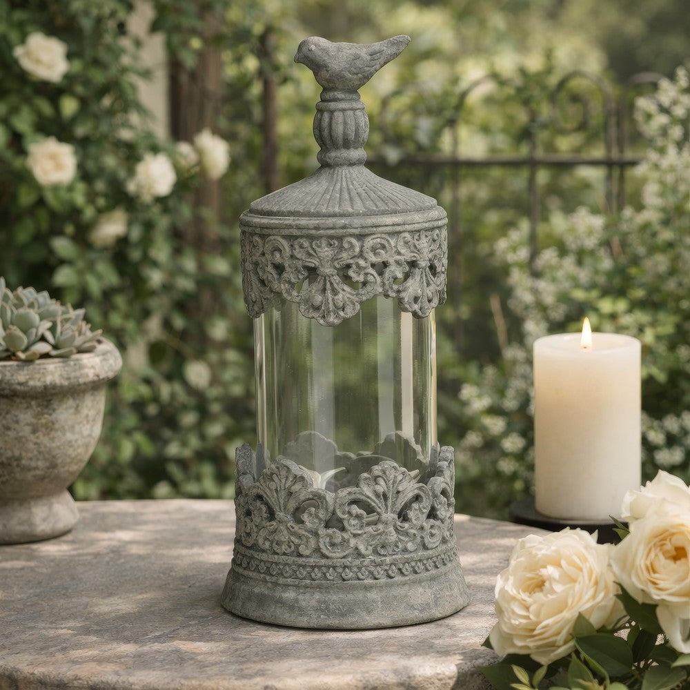 Floating Fleur Glass Jar | 13" Gray Bird Accent | Ornate Cement Lid