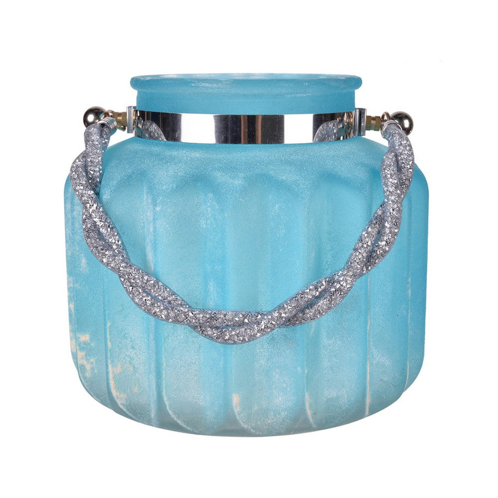 Fsy Decorative Vase | Silver Handle | Light Blue Frosted Glass | 8"