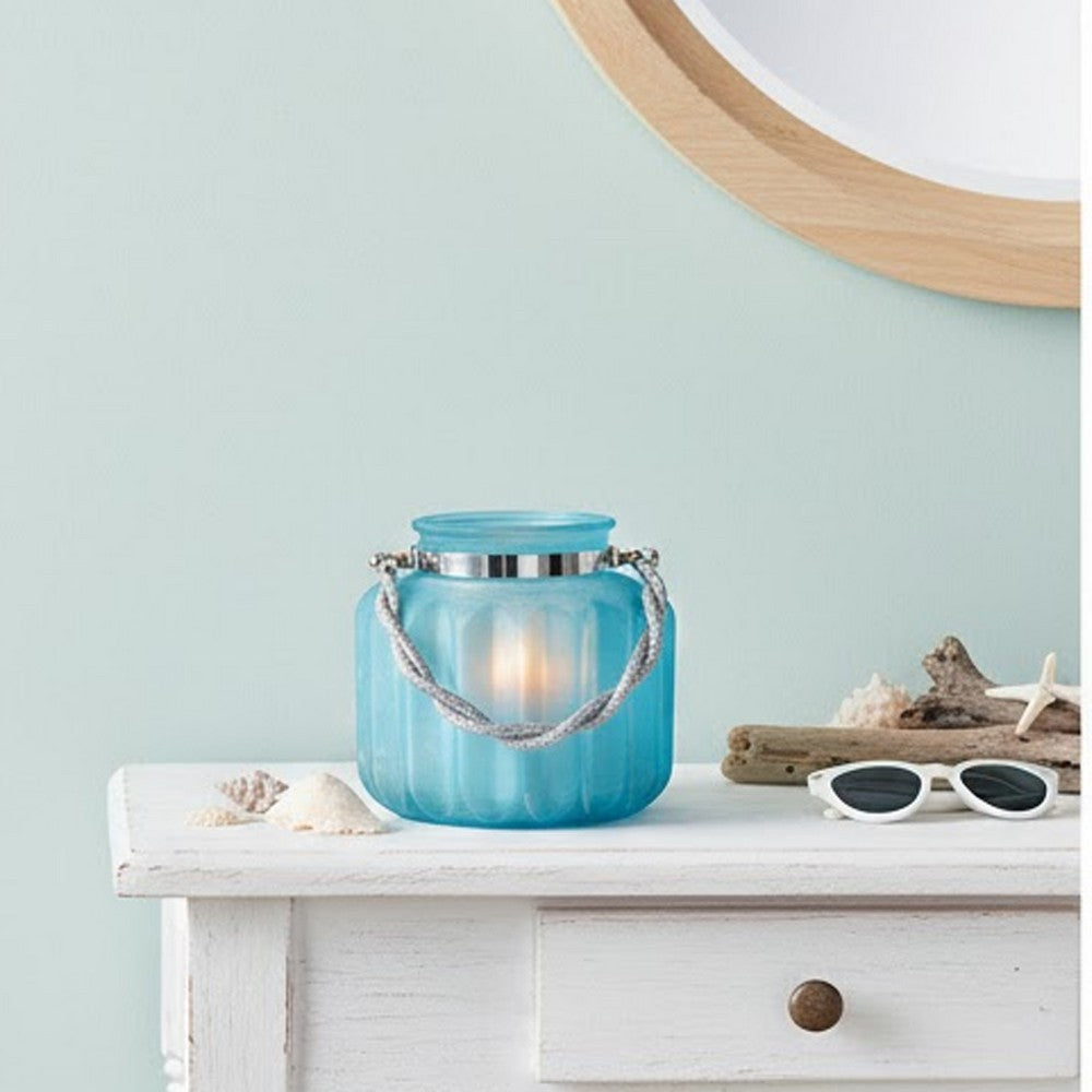 Fsy Decorative Vase | Silver Handle | Light Blue Frosted Glass | 8"