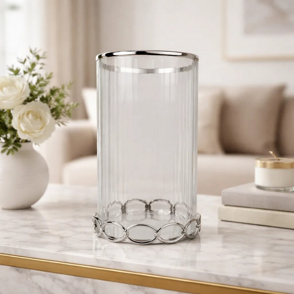Vintage Candle Holder | Clear Glass Hurricane | 18" Silver Accent Rim