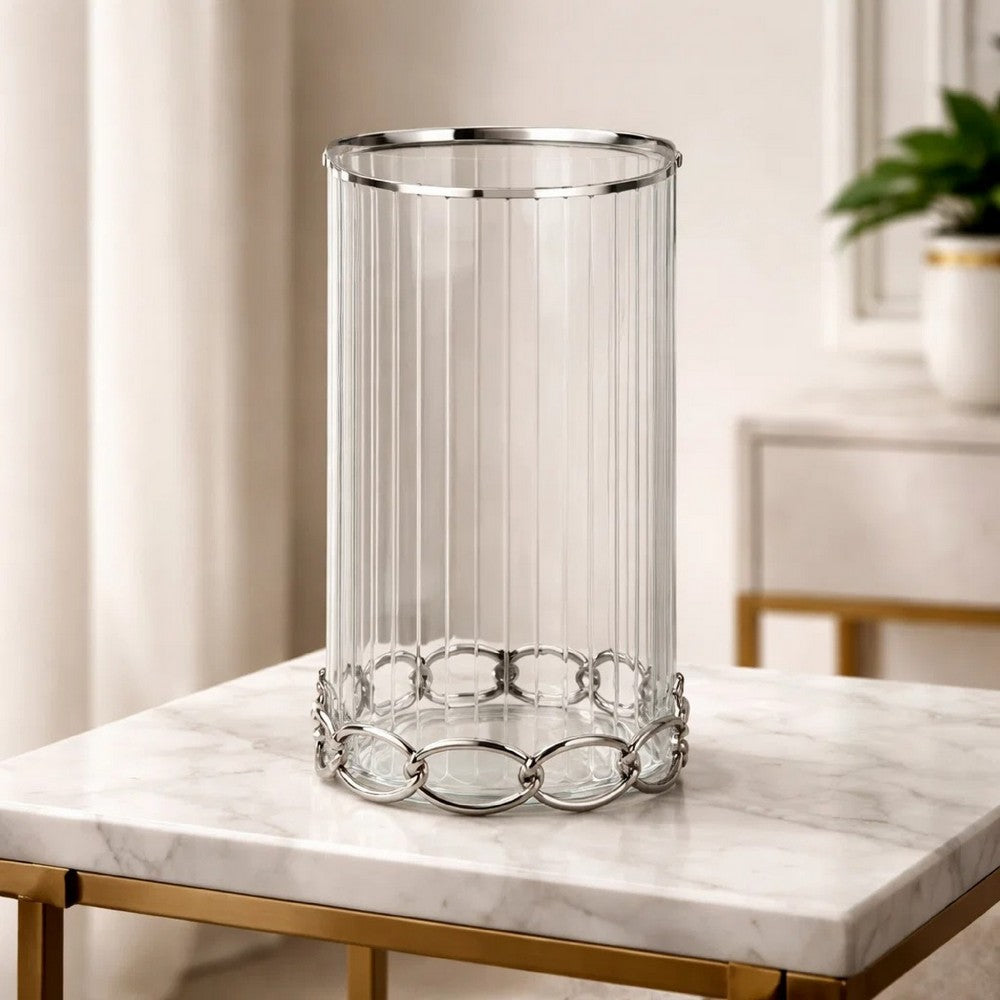 Vintage Candle Holder | Clear Glass Hurricane | 18" Silver Accent Rim