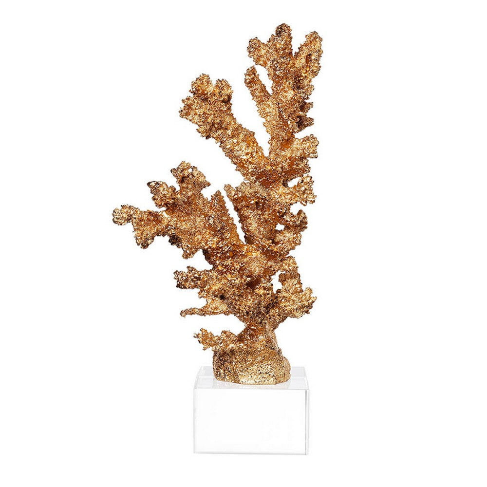 Coral Accent Tabletop Sculpture | Clear Glass Base | 13" Gold Resin