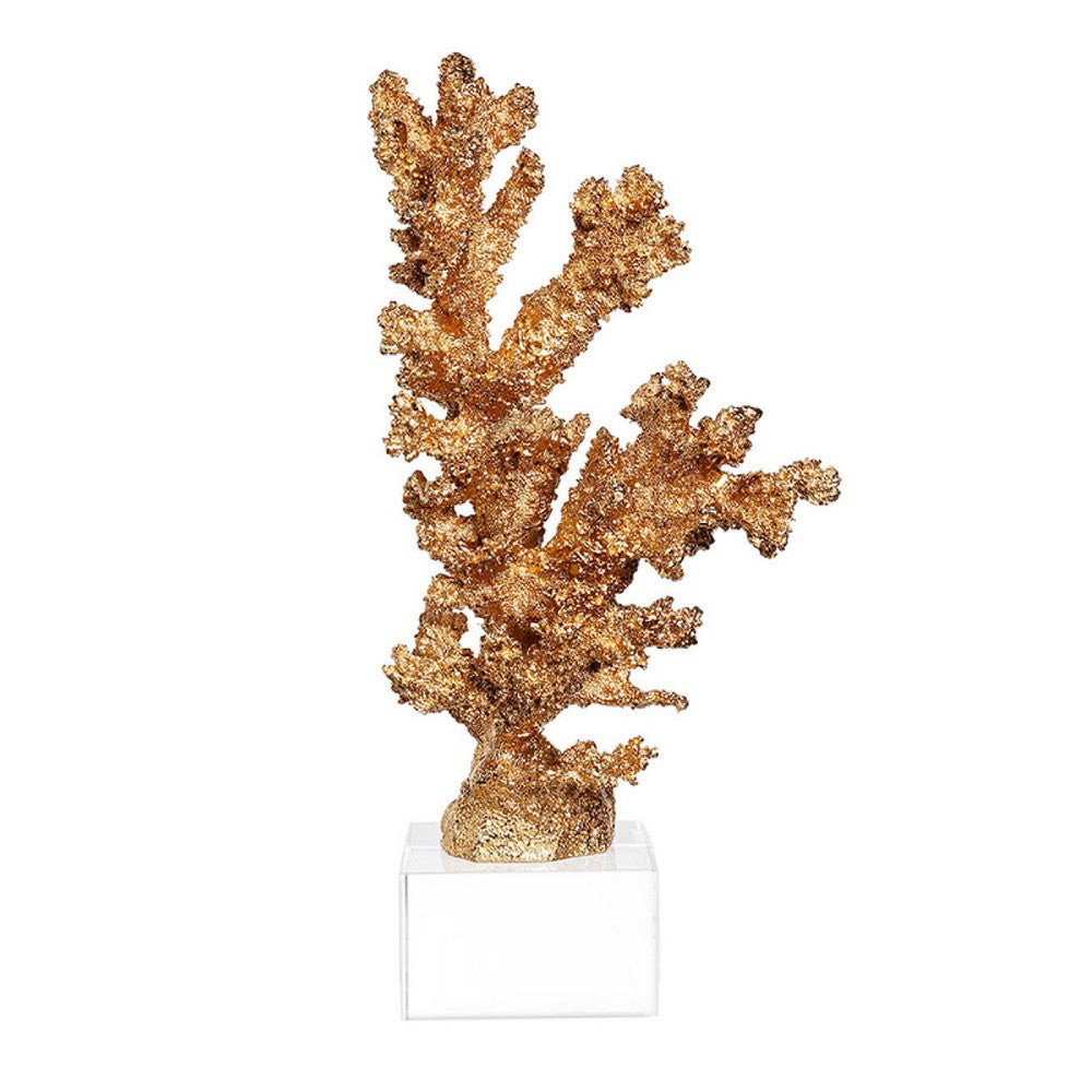 Coral Accent Tabletop Sculpture | Clear Glass Base | 13" Gold Resin