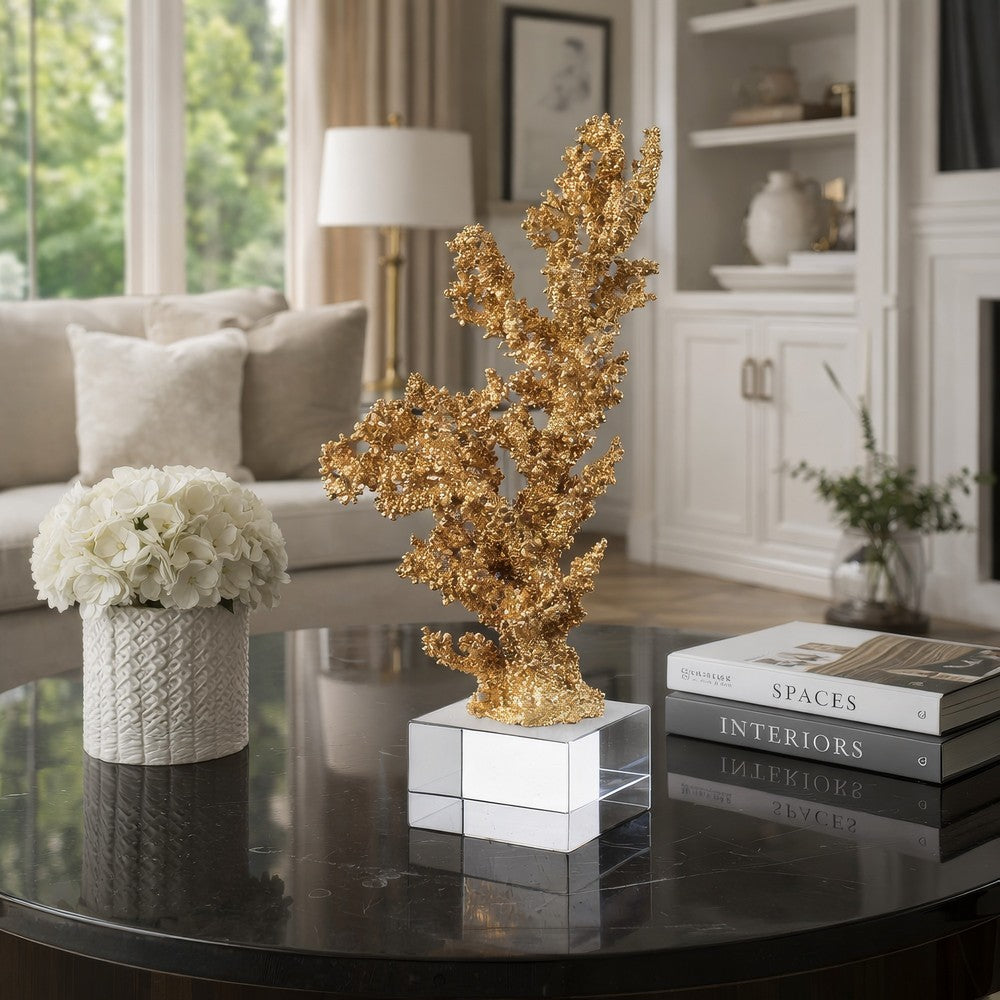 Coral Accent Tabletop Sculpture | Clear Glass Base | 13" Gold Resin