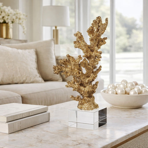 Coral Accent Tabletop Sculpture | Clear Glass Base | 13" Gold Resin