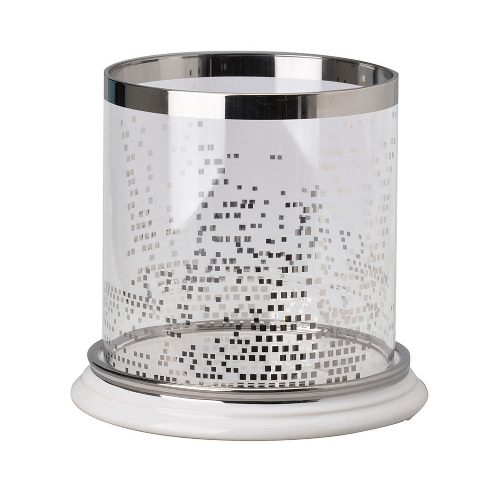 Gsy Decorative Candle Holder | Silver & White Patchwork | 7" Glass