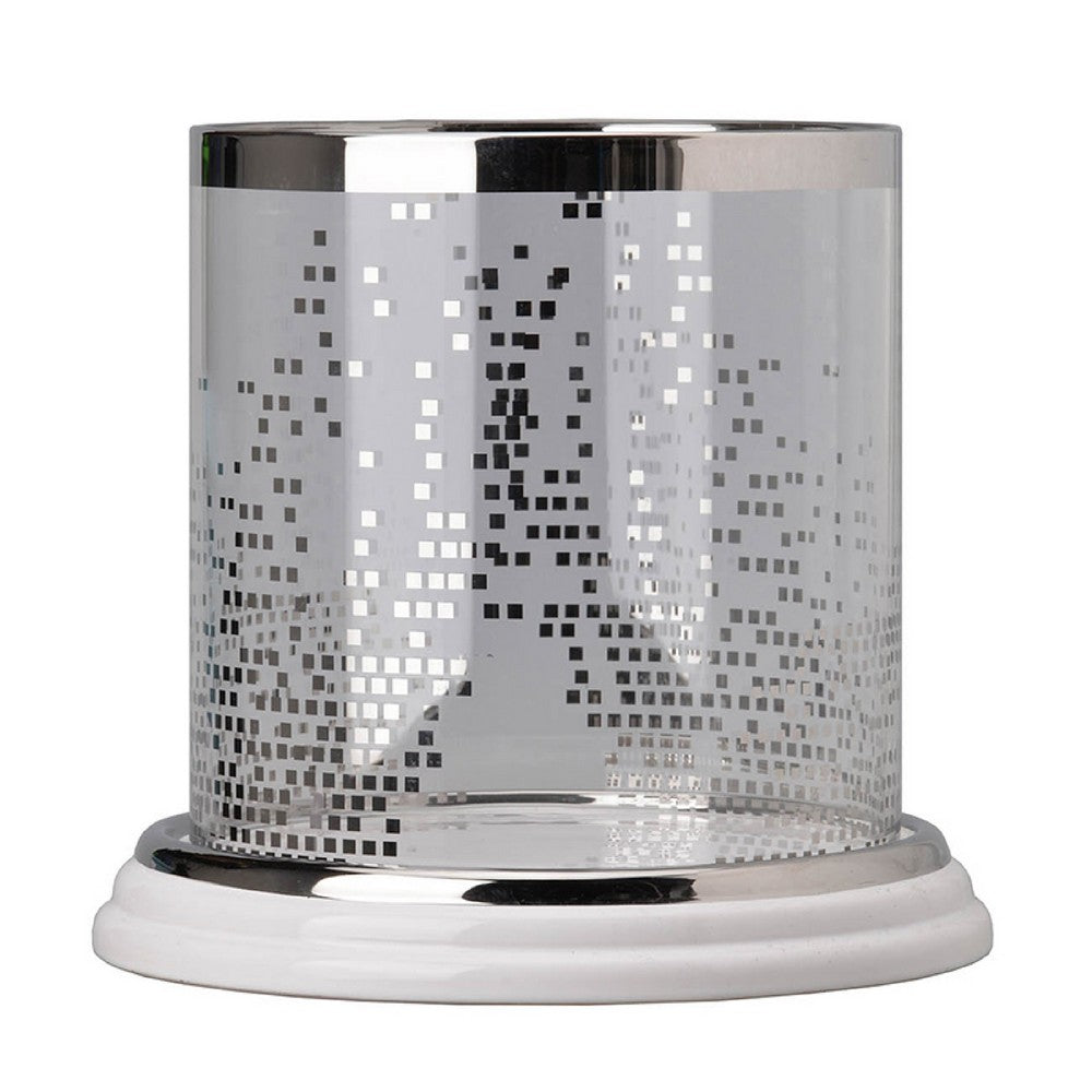 Gsy Decorative Candle Holder | Silver & White Patchwork | 7" Glass