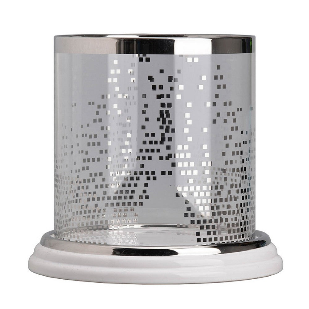 Gsy Decorative Candle Holder | Silver & White Patchwork | 7" Glass
