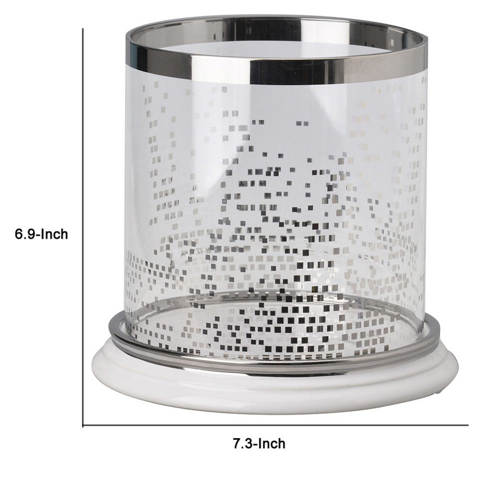Gsy Decorative Candle Holder | Silver & White Patchwork | 7" Glass