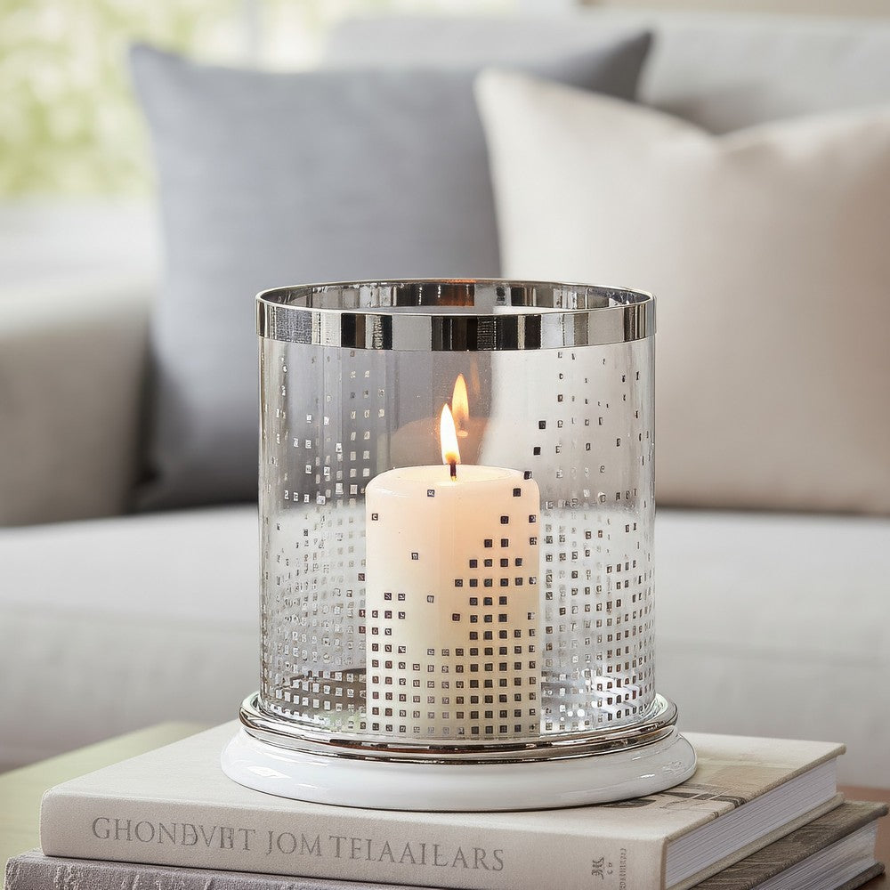 Gsy Decorative Candle Holder | Silver & White Patchwork | 7" Glass