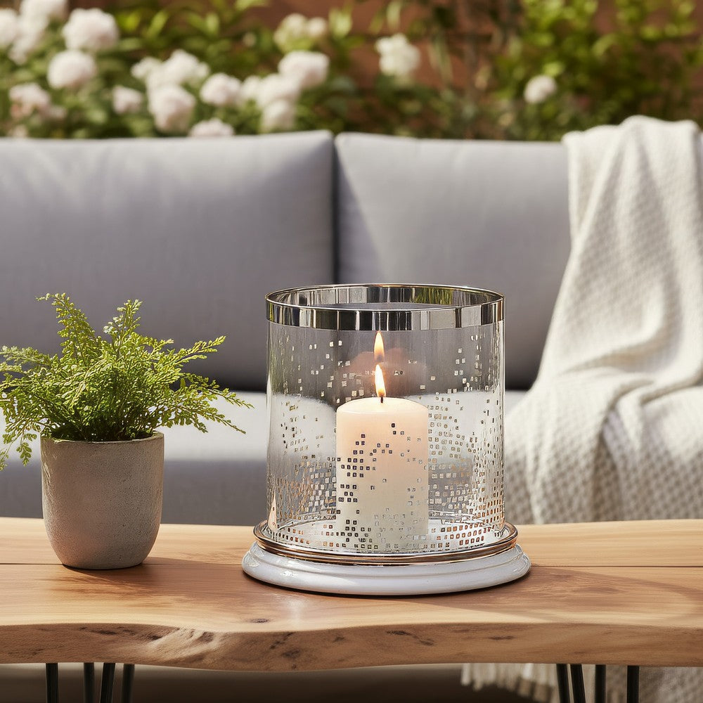 Gsy Decorative Candle Holder | Silver & White Patchwork | 7" Glass