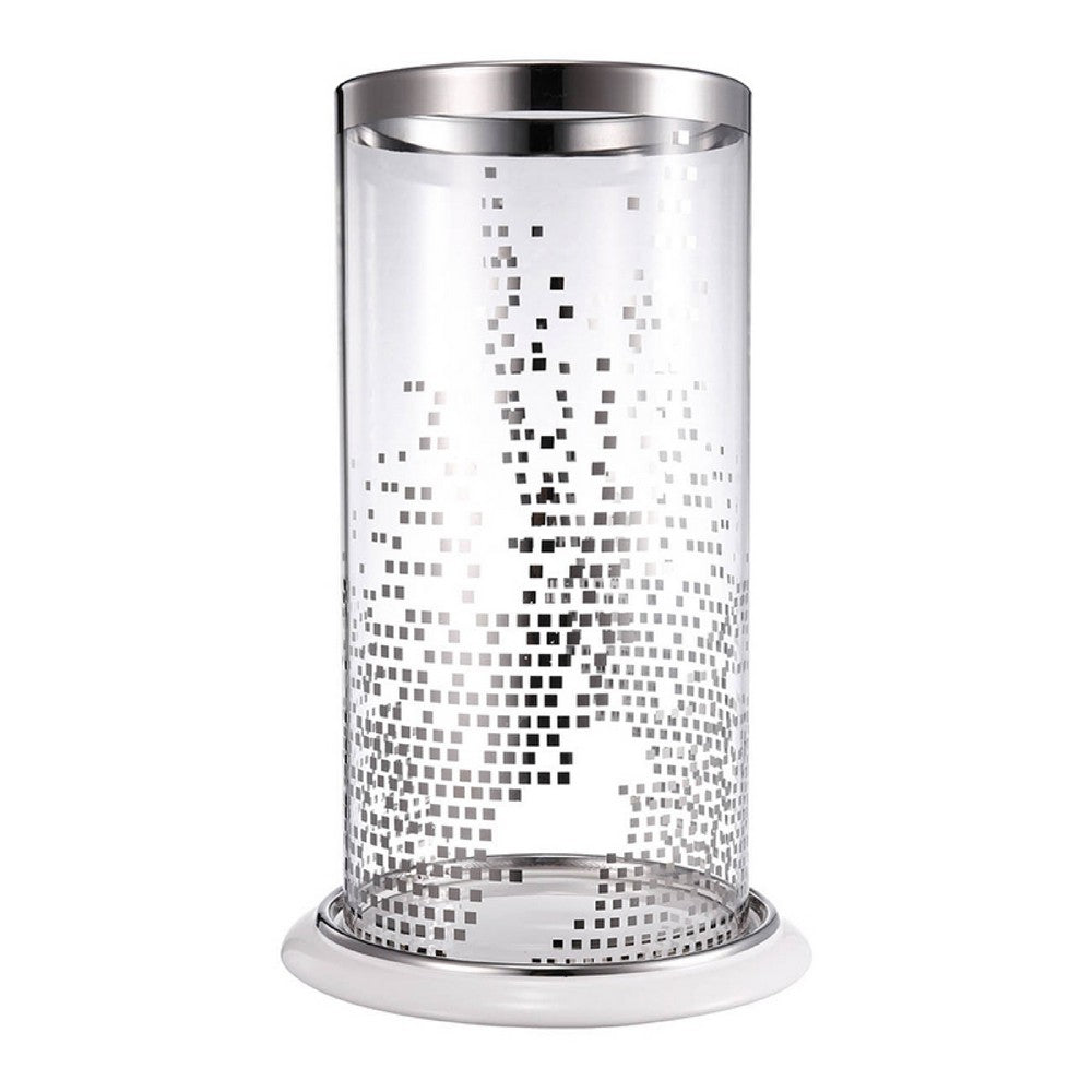 Gsy Decorative Candle Holder | Silver & White Patchwork | 12" Glass