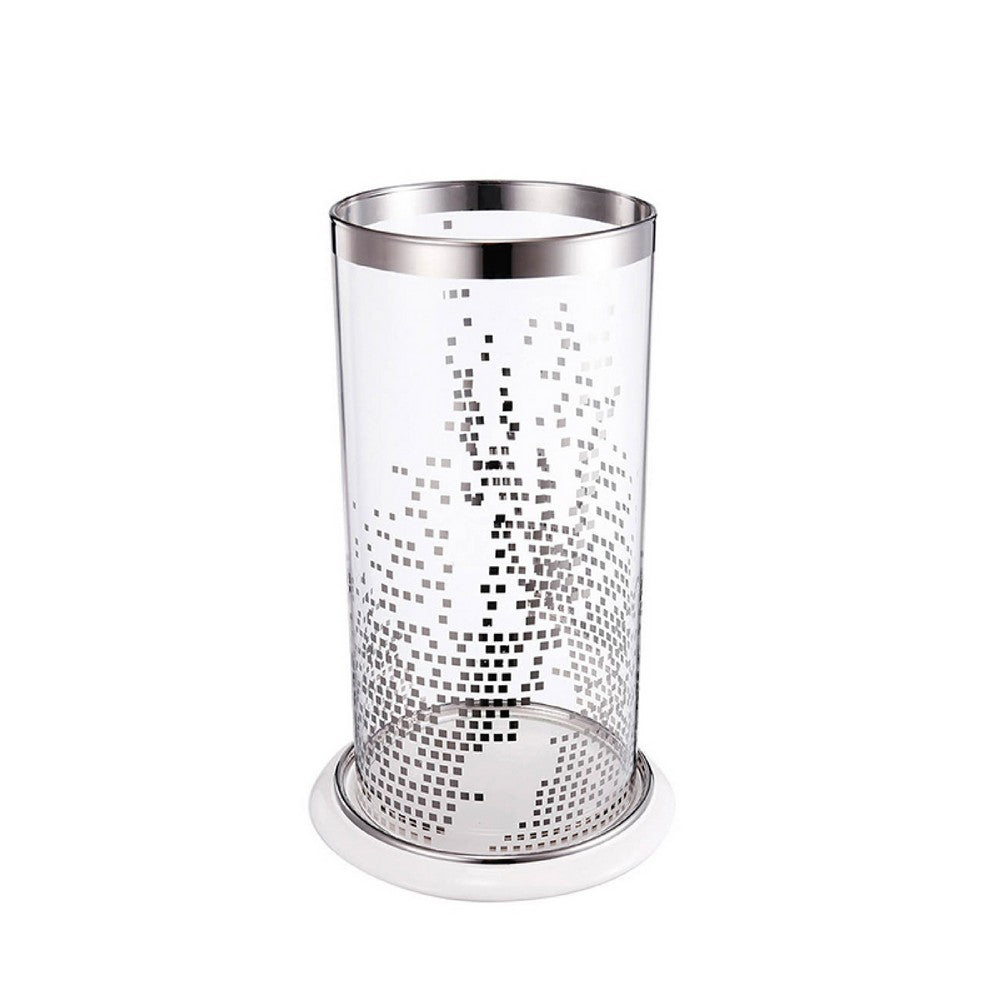 Gsy Decorative Candle Holder | Silver & White Patchwork | 12" Glass