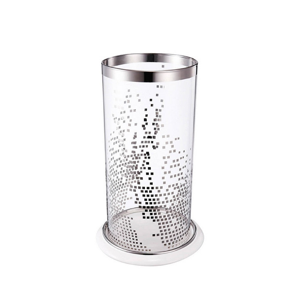 Gsy Decorative Candle Holder | Silver & White Patchwork | 12" Glass