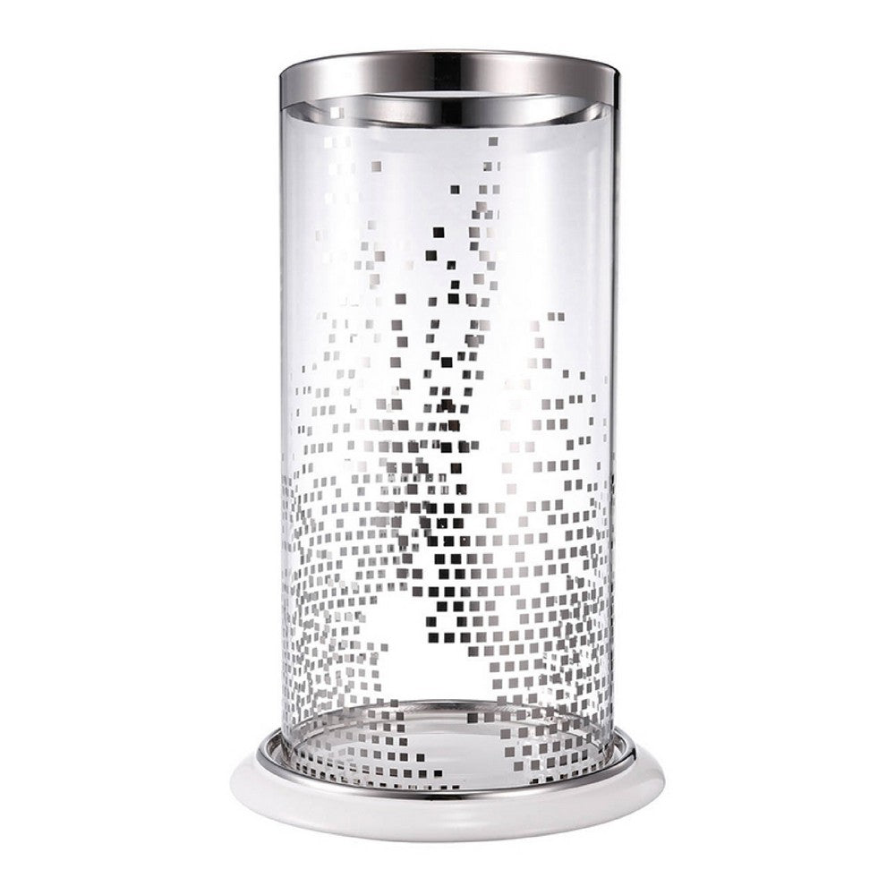 Gsy Decorative Candle Holder | Silver & White Patchwork | 12" Glass
