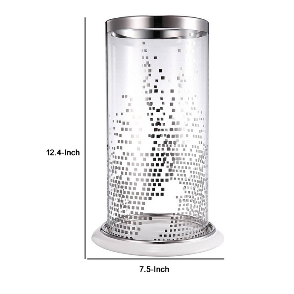 Gsy Decorative Candle Holder | Silver & White Patchwork | 12" Glass