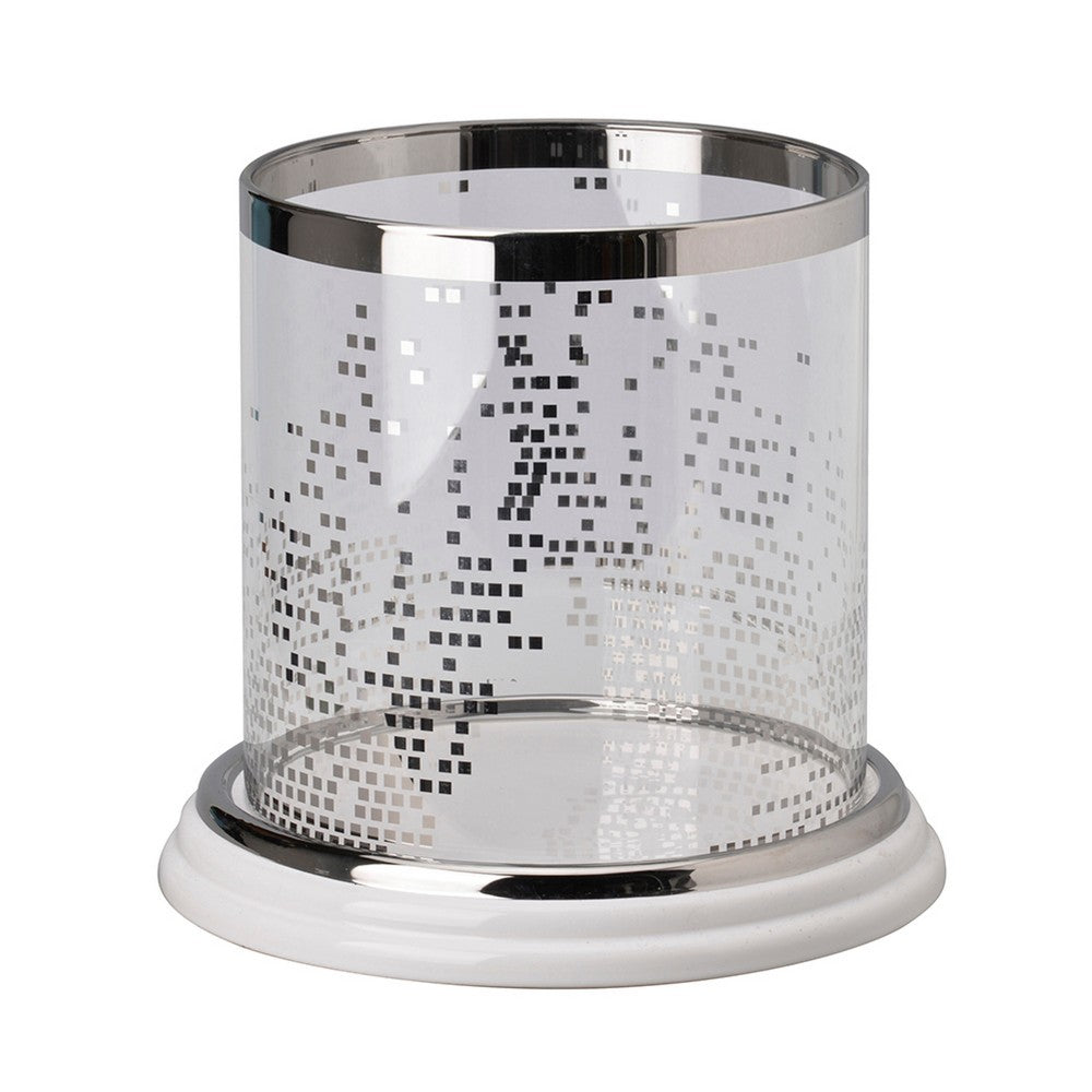 Gsy Decorative Candle Holder | Silver & White Patchwork | 10" Glass