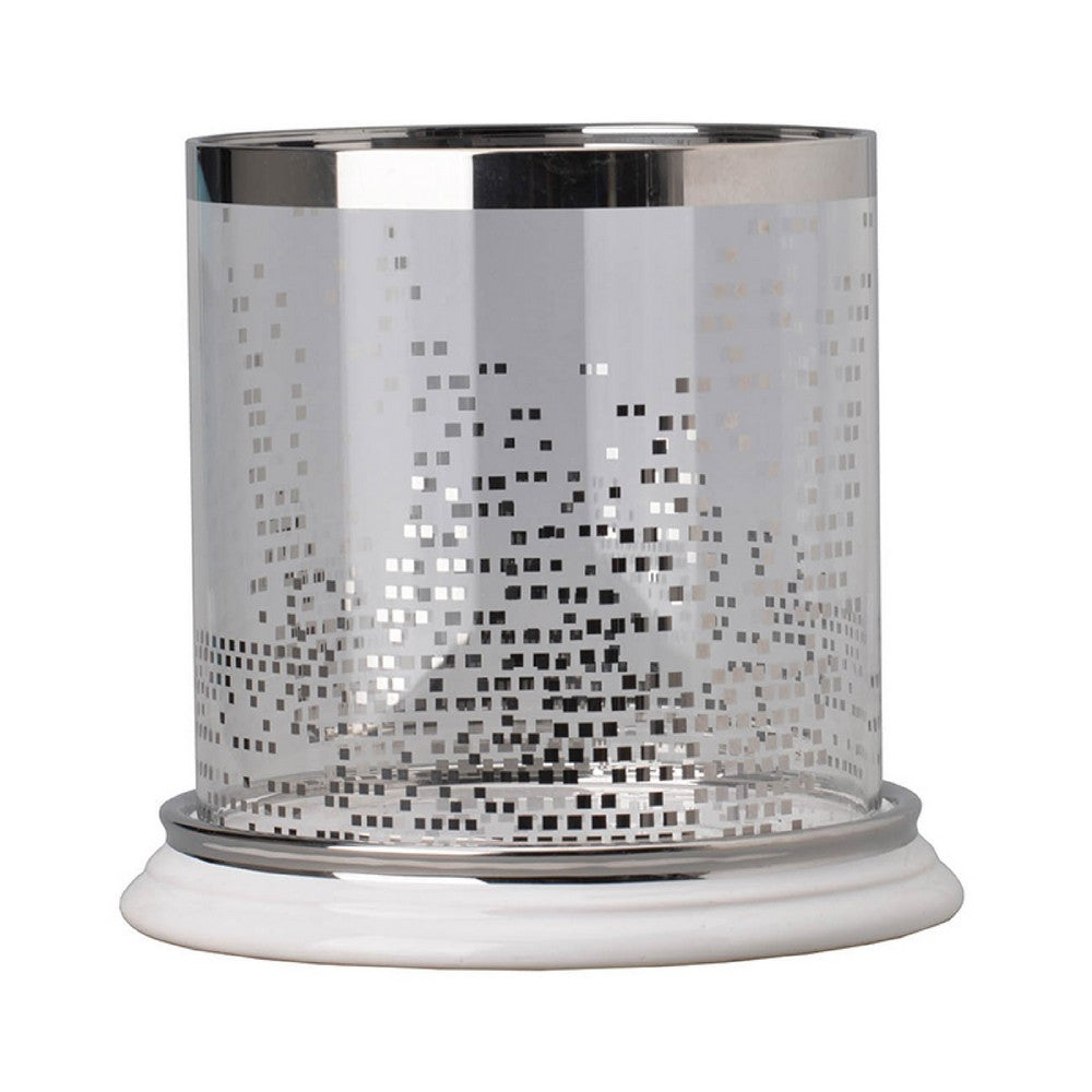 Gsy Decorative Candle Holder | Silver & White Patchwork | 10" Glass