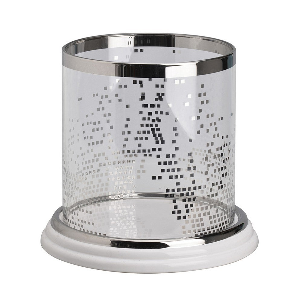 Gsy Decorative Candle Holder | Silver & White Patchwork | 10" Glass