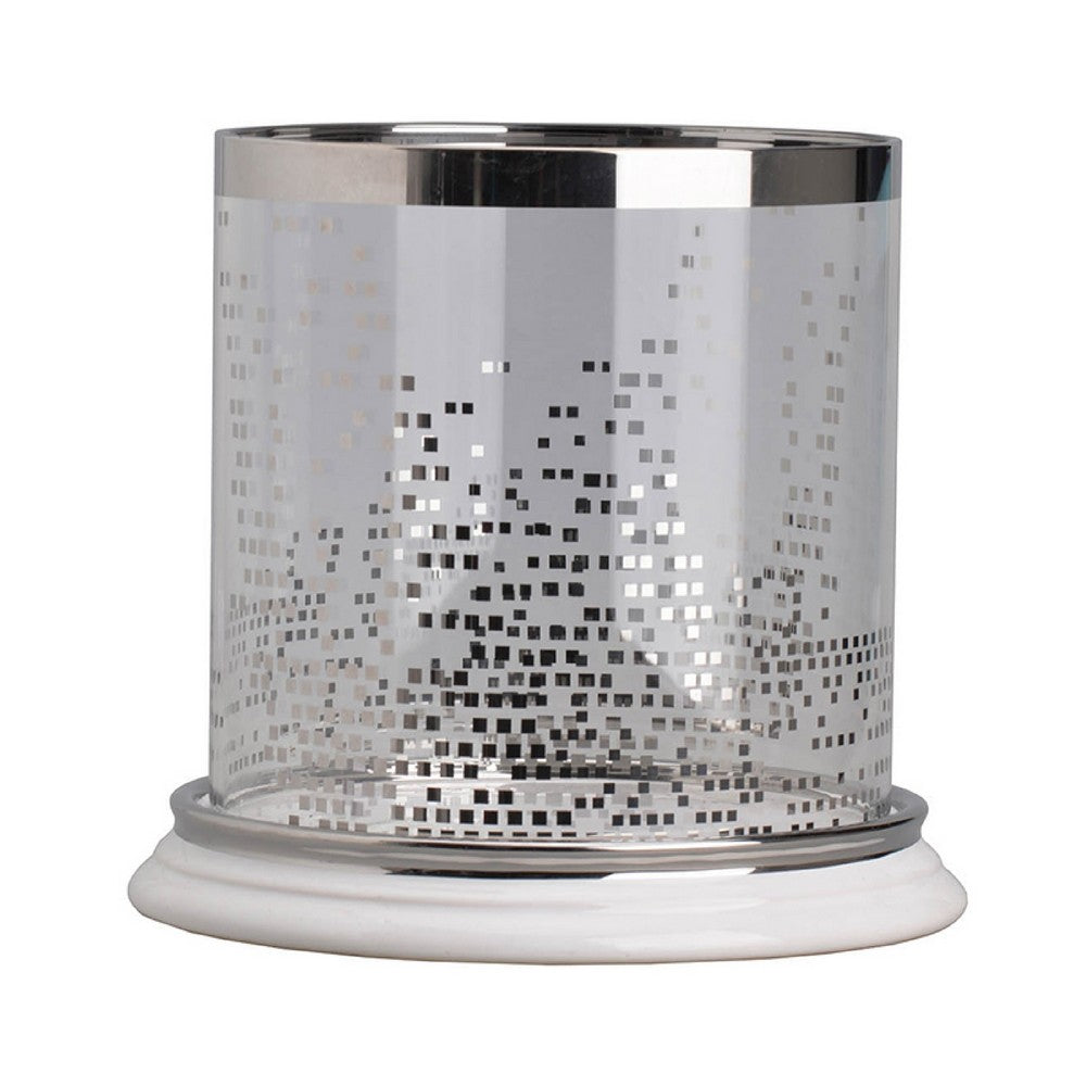 Gsy Decorative Candle Holder | Silver & White Patchwork | 10" Glass