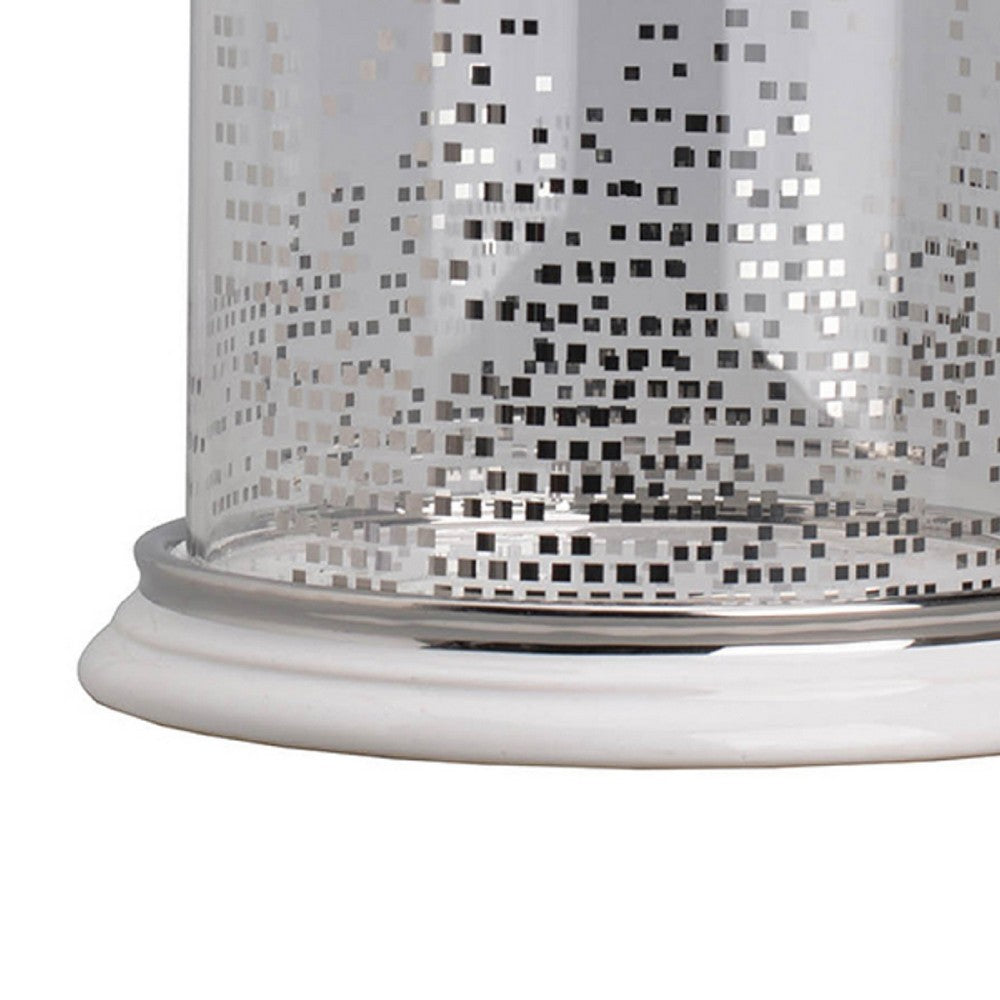 Gsy Decorative Candle Holder | Silver & White Patchwork | 10" Glass