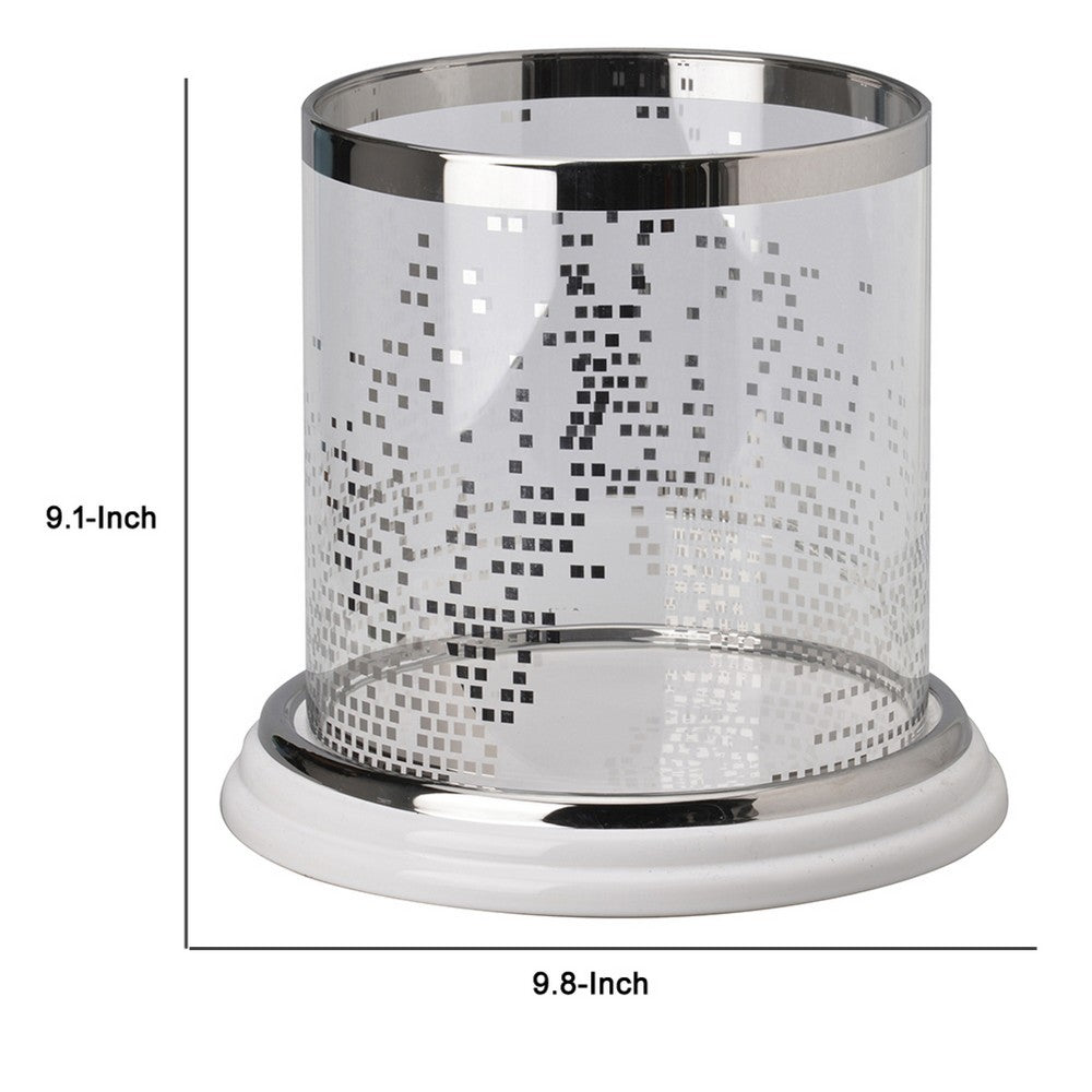 Gsy Decorative Candle Holder | Silver & White Patchwork | 10" Glass