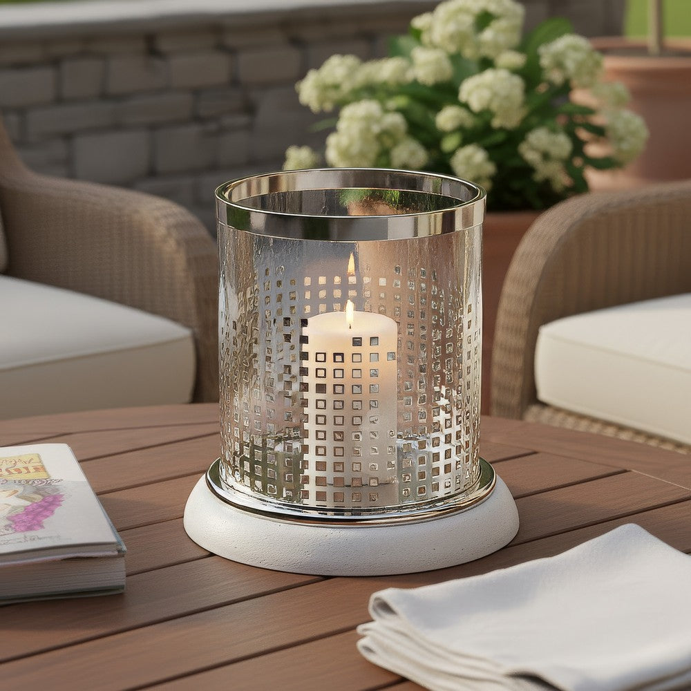 Gsy Decorative Candle Holder | Silver & White Patchwork | 10" Glass