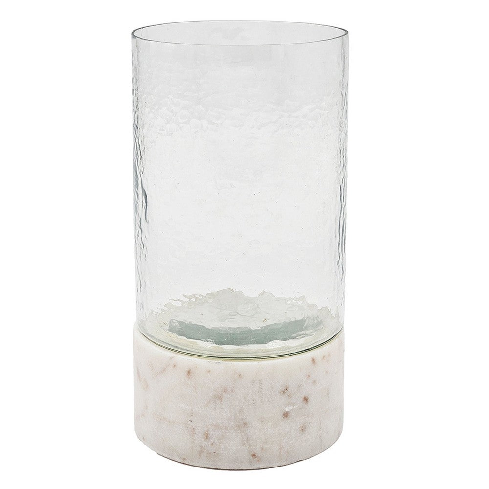 Candle Holder with Textured Glass Shade | White Coastal Stone Base | 8"