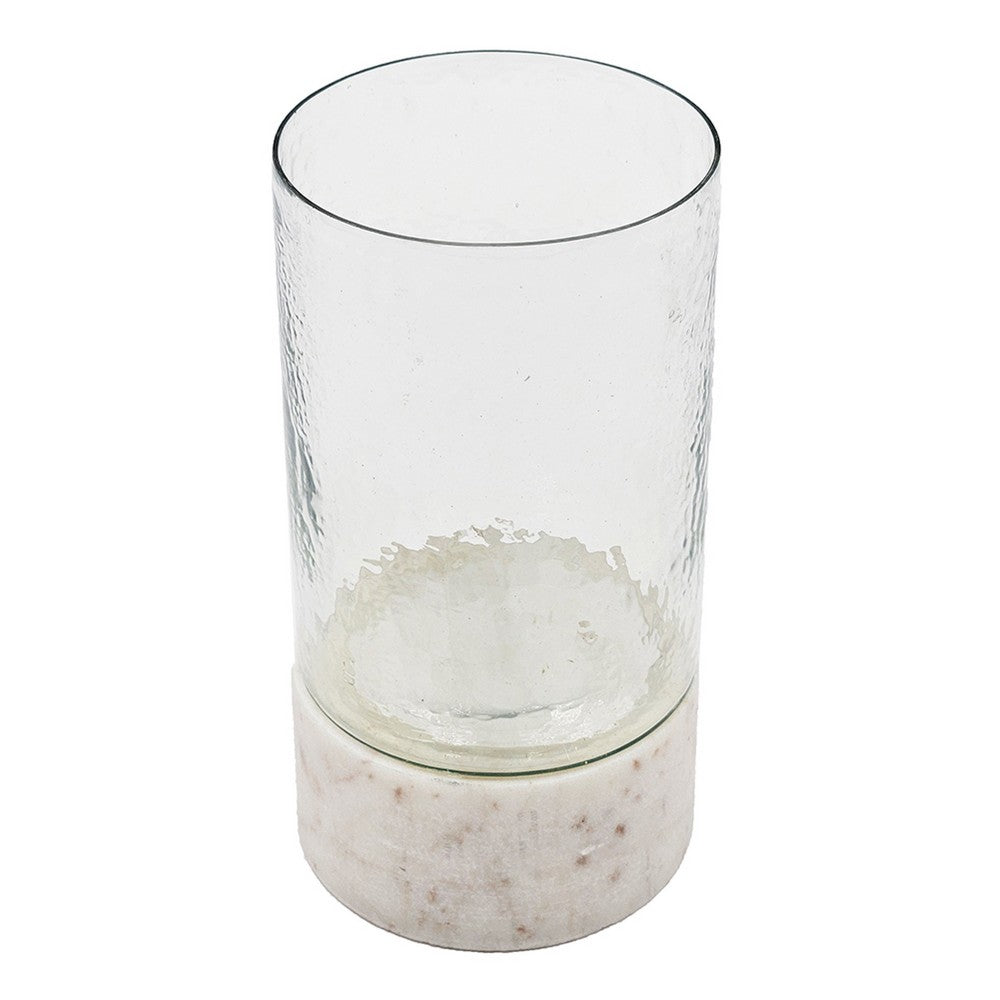Candle Holder with Textured Glass Shade | White Coastal Stone Base | 8"