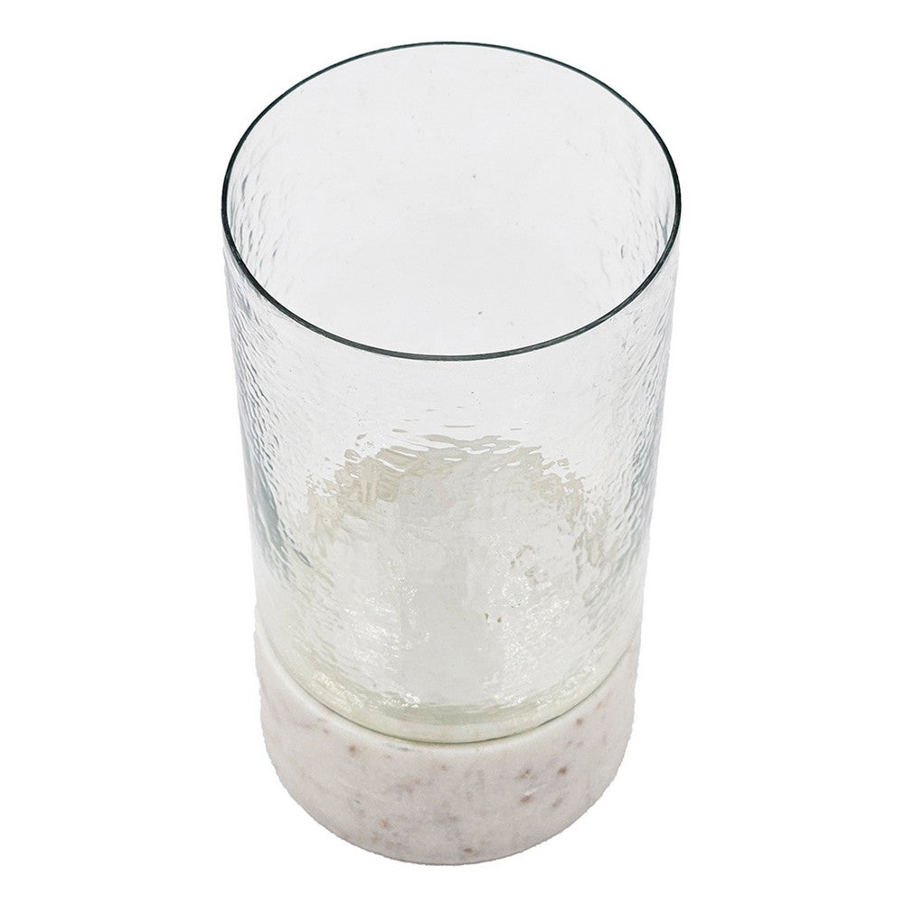 Candle Holder with Textured Glass Shade | White Coastal Stone Base | 8"